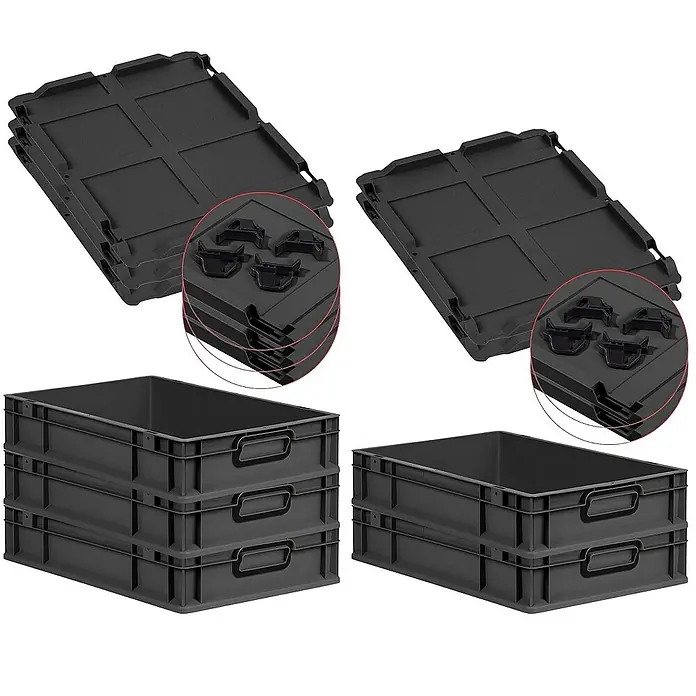 SparSet 5x Eurobox NextGen Color mit Auflagedeckel und Schiebeschnappverschlüsse | HxBxT 12x40x60cm | 23 Liter | Schwarz | Griffe schwarz geschlossen | Glatter Boden | Eurobehälter, Transportbox, Transportbehälter, Stapelbehälter -  - Schwarze Kunststoffbehälter und Deckel im Stapel. Diese robusten Behälter eignen sich ideal für Lagerung und Transport.