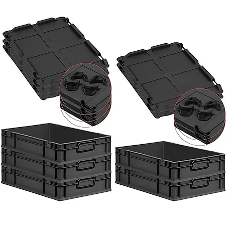 SparSet 5x Eurobox NextGen Color mit Auflagedeckel und Schiebeschnappverschlüsse | HxBxT 12x40x60cm | 23 Liter | Schwarz | Griffe schwarz geschlossen | Glatter Boden | Eurobehälter, Transportbox, Transportbehälter, Stapelbehälter