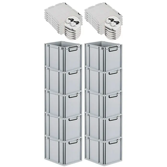 Proregal Euroboxen-Set 10x Eurobox NextGen Color mit Scharnierdeckel und Verschlüssen - Kunststoff, Grau, Schwarz, 10 Stk. - Abbildung von zwei Stapeln grauer Lagerkisten aus Kunststoff mit Deckeln, ideal für Organisation und Lagerung.