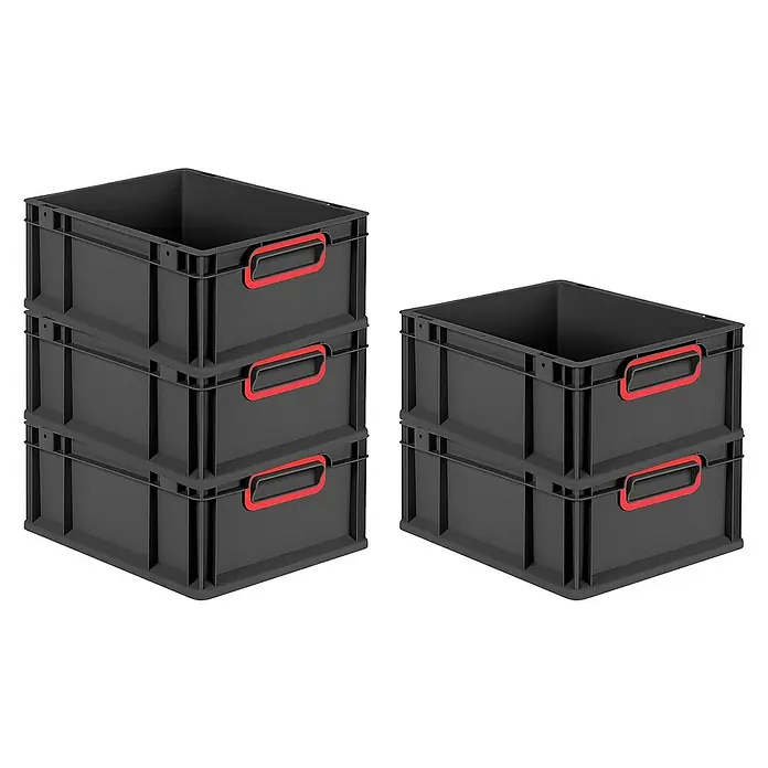 Proregal Euroboxen-Set 10x Eurobox NextGen Color - Kunststoff, Schwarz, Rot, 10 Stk. - Gestapelte graue Kunststoffboxen mit roten Griffen, ideal für Lagerung und Organisation im Haushalt oder Gewerbe.