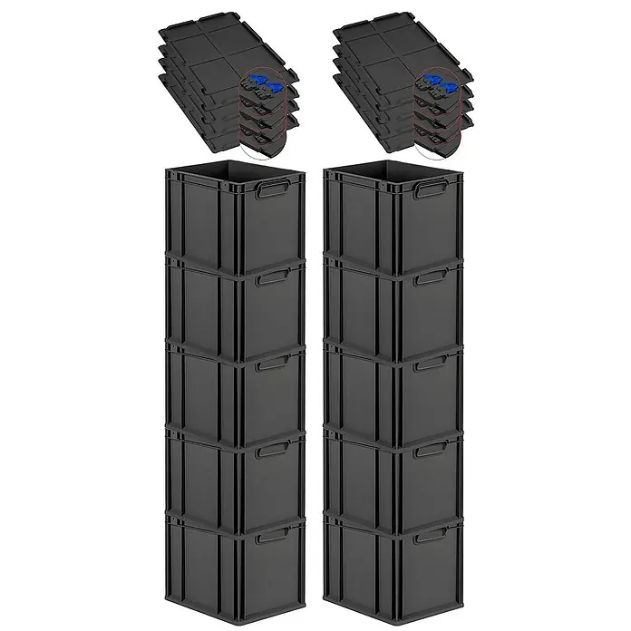 Proregal Euroboxen-Set 10x Eurobox NextGen Grip mit Scharnierdeckel und blauen Verschlüssen - Kunststoff, Schwarz, 10 Stk. - Schwarze, stapelbare Eurobehälter mit Deckel und Stapelbügeln für effiziente Lagerung und Transport.