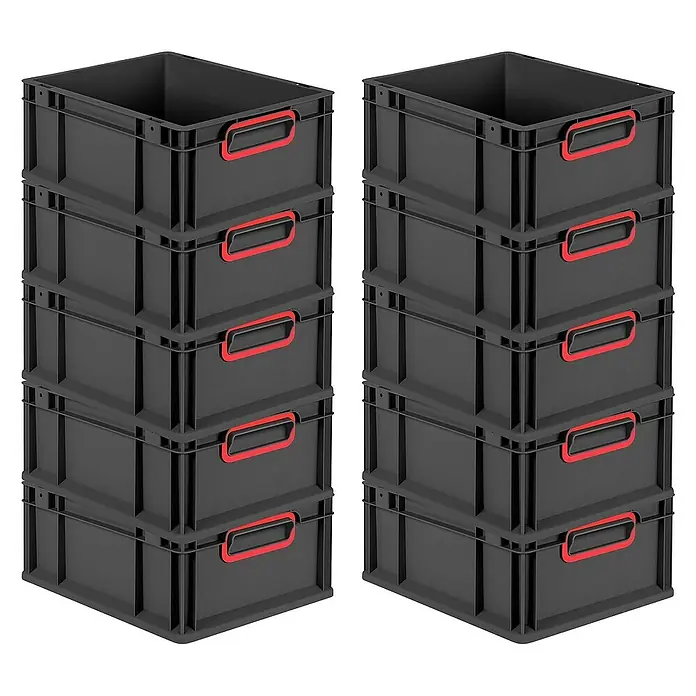 Proregal Euroboxen-Set 10x Eurobox NextGen Color - Kunststoff, Schwarz, Rot, 10 Stk. - Zwei Stapel grauer Kunststoffkisten mit roten Griffen. Ideal zur Aufbewahrung und Organisation von Gegenständen.