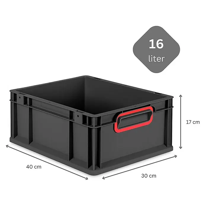Proregal Euroboxen-Set 10x Eurobox NextGen Color - Kunststoff, Schwarz, Rot, 10 Stk. - Abgebildete ist eine graue 16 Liter Kunststoffbox mit den Maßen 40 x 30 x 17 cm und roten Griffen.
