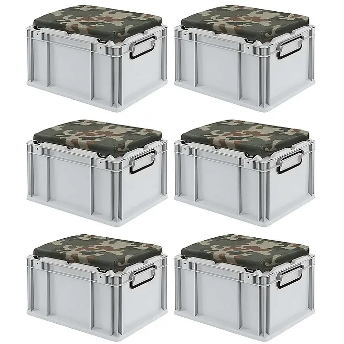 Proregal Euroboxen-Set 6x Eurobox NextGen Seat Box Camouflage - L x B x H: 40 x 30 x 26,5 cm, Kunststoff, Grau, Camouflage, 6 Stk. - Sechs graue Aufbewahrungsboxen mit gepolsterten Sitzen im Camouflage-Muster, ideal für die Organisation und als zusätzliche Sitzgelegenheit.