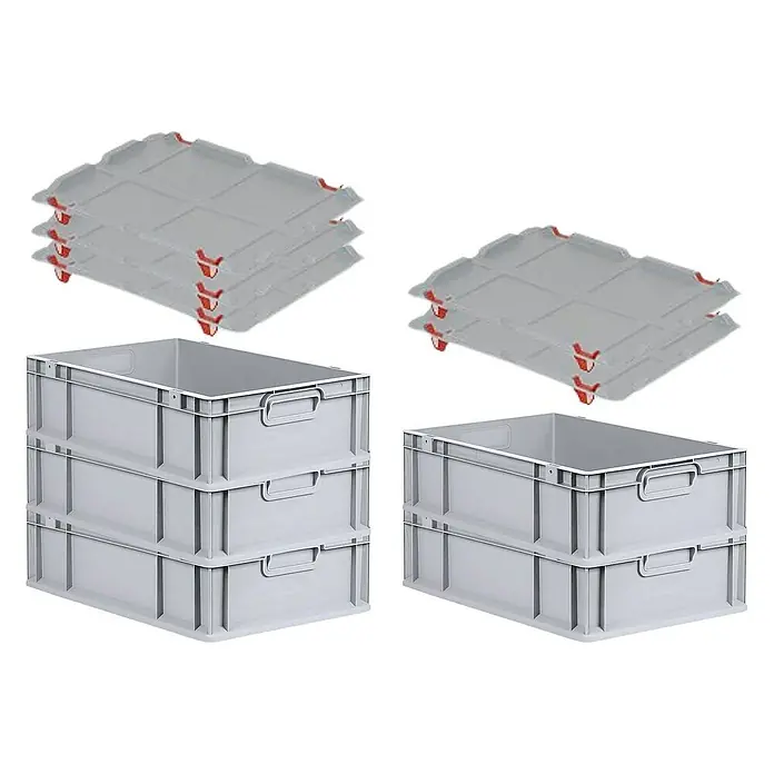 Proregal Euroboxen-Set 5x Eurobox NextGen Economy mit Auflagedeckel und 4x Verschlüsse Rot - L x B x H: 60 x 40 x 17 cm, Kunststoff, Grau, 5 Stk. - Stapelbare graue Kunststoffboxen mit passenden Deckeln für Lagerung & Transport. Robust, praktisch und vielseitig einsetzbar.
