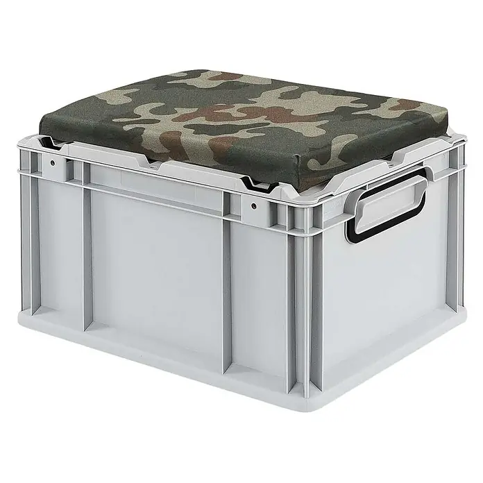 Proregal Euroboxen-Set 6x Eurobox NextGen Seat Box Camouflage - L x B x H: 40 x 30 x 26,5 cm, Kunststoff, Grau, Camouflage, 6 Stk. - Ein grauer Kunststoff-Hocker mit Tarnmuster-Sitzpolster, ideal für zusätzlichen Komfort und Stauraum. Praktisch und robust für den täglichen Gebrauch.