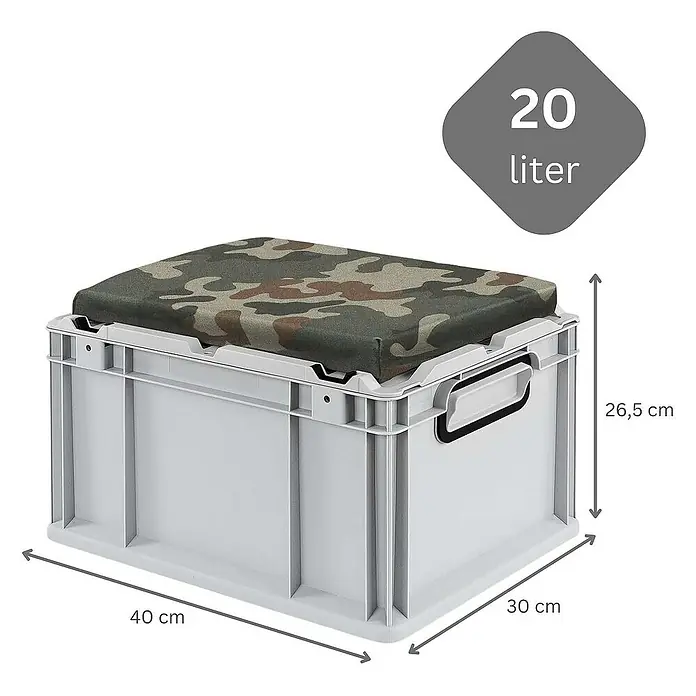 Proregal Euroboxen-Set 6x Eurobox NextGen Seat Box Camouflage - L x B x H: 40 x 30 x 26,5 cm, Kunststoff, Grau, Camouflage, 6 Stk. - Graue Aufbewahrungsbox mit Tarnmuster-Sitzkissen, Maße 40x30x26,5 cm, Volumen 20 Liter.