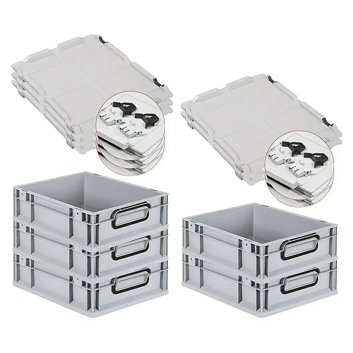 Proregal Euroboxen-Set 5x Eurobox NextGen Color mit Scharnierdeckel und Verschlüssen - L x B x H: 40 x 30 x 12 cm, Kunststoff, Grau, Schwarz, 5 Stk. - Produktbild: Graue Eurobehälter in verschiedenen Stapelkonfigurationen, sowohl leer als auch mit Deckeln.