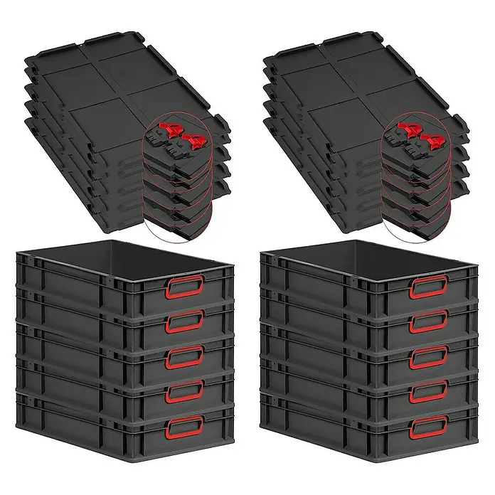 Proregal Euroboxen-Set 10x Eurobox NextGen Color mit Scharnierdeckel und Verschlüssen - L x B x H: 60 x 40 x 12 cm, Kunststoff, Schwarz, Rot, 10 Stk. - Zwei Stapel grauer Kunststoffboxen mit roten Griffen und passende Deckel. Ideal für Lagerung und Organisation.