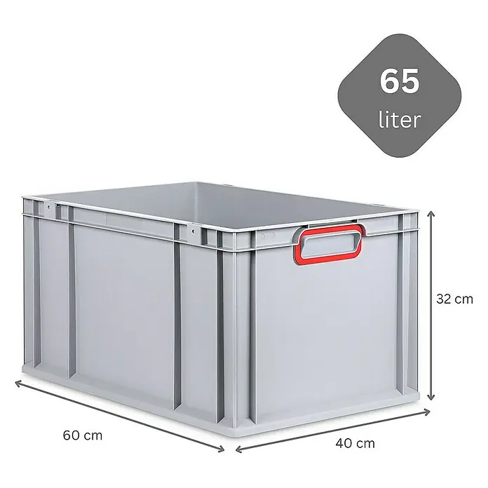 Proregal Euroboxen-Set 10x Eurobox NextGen Color mit Scharnierdeckel und Verschlüssen - Kunststoff, Grau, Rot, 10 Stk. - Abbildung einer grauen 65-Liter-Lagerbox aus Kunststoff mit roten Griffen und Größenangaben.