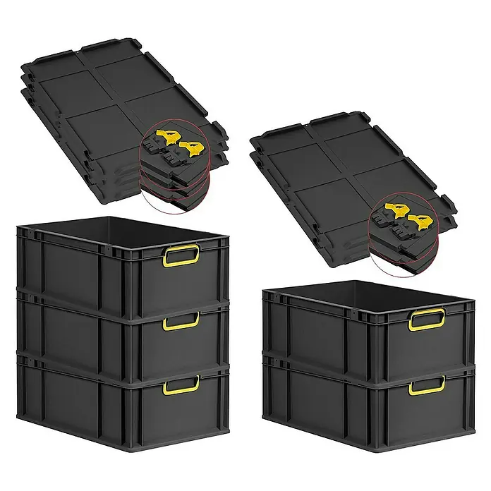 Proregal Euroboxen-Set 5x Eurobox NextGen Color mit Scharnierdeckel und Verschlüssen - L x B x H: 60 x 40 x 22 cm, Kunststoff, Schwarz, Gelb, 5 Stk. - Stapelbare schwarze Kunststoffboxen mit gelben Griffen und dazugehörige Deckel.