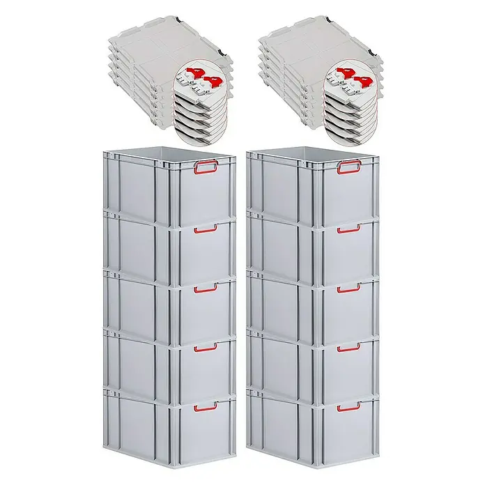 Proregal Euroboxen-Set 10x Eurobox NextGen Color mit Scharnierdeckel und Verschlüssen - Kunststoff, Grau, Rot, 10 Stk. - Stapelbare graue Kunststoffboxen mit roten Griffen und zugehörigen Deckeln. Ideal für Lagerung und Organisation.