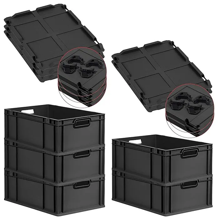 SparSet 5x Eurobox NextGen Color mit Auflagedeckel und Schiebeschnappverschlüsse | HxBxT 22x40x60cm | 44 Liter | Schwarz | Griffe schwarz offen | Verstärkter Boden | Eurobehälter, Transportbox, Transportbehälter, Stapelbehälter -  - Bild zeigt schwarze Eurobehälter und dazugehörige Deckel. Ideal für Lagerung und Transport. Praktisches Stapelsystem.
