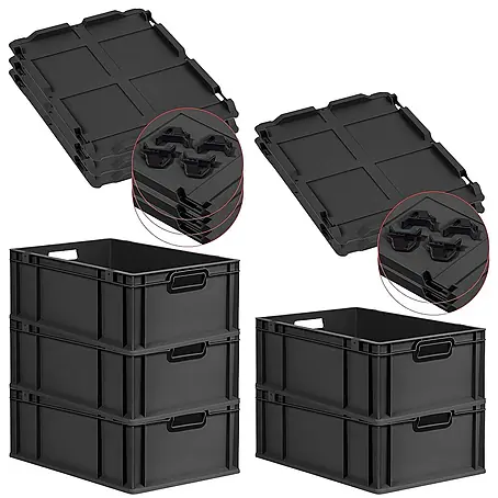 SparSet 5x Eurobox NextGen Color mit Auflagedeckel und Schiebeschnappverschlüsse | HxBxT 22x40x60cm | 44 Liter | Schwarz | Griffe schwarz offen | Verstärkter Boden | Eurobehälter, Transportbox, Transportbehälter, Stapelbehälter