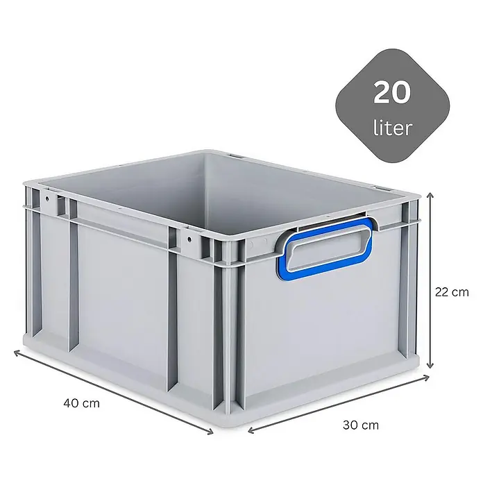 Proregal Euroboxen-Set 8x Eurobox NextGen Color mit Auflagedeckel und Schiebeschnappverschlüsse - L x B x H: 40 x 30 x 22 cm, Kunststoff, Grau, Blau, 8 Stk. - Graue 20-Liter-Kunststoffbox mit blauen Griffen und den Maßen 40 x 30 x 22 cm für Lagerung und Transport.