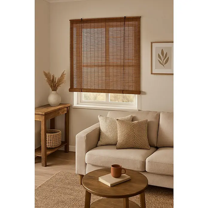 Estor enrollable Ocres - An x Al: 90 x 175 cm, Castaño, Unicolor - Una persiana de bambú marrón cubre una ventana en una acogedora sala de estar con muebles y decoración beige.