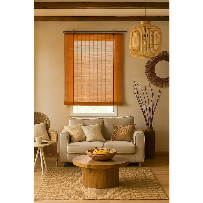 Estor enrollable Ocres - An x Al: 90 x 175 cm, Mango, Unicolor - Salón acogedor con persianas de ratán, lámpara colgante de mimbre y sofá beige. Ambiente natural y acogedor con detalles y texturas de madera.