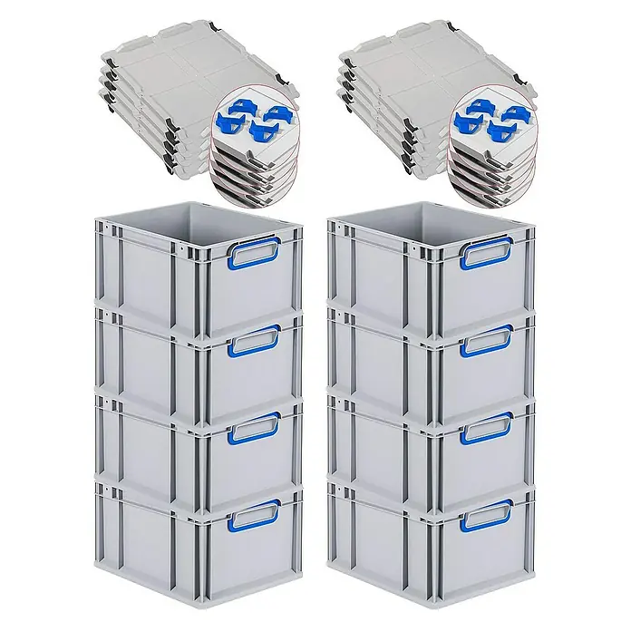 Proregal Euroboxen-Set 8x Eurobox NextGen Color mit Auflagedeckel und Schiebeschnappverschlüsse - L x B x H: 40 x 30 x 22 cm, Kunststoff, Grau, Blau, 8 Stk. - Das Bild zeigt zwei Stapel grauer Kunststoffboxen mit blauen Griffen und zwei Stapel dazugehöriger Deckel.
