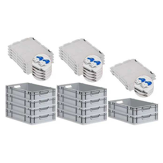 Proregal Euroboxen-Set 10x Eurobox NextGen Grip mit Scharnierdeckel und blauen Verschlüssen - L x B x H: 60 x 40 x 12 cm, Kunststoff, Grau, 10 Stk. - Mehrere Stapel grauer Kunststoffbehälter und dazugehörige Deckel mit blauen Verschlüssen.