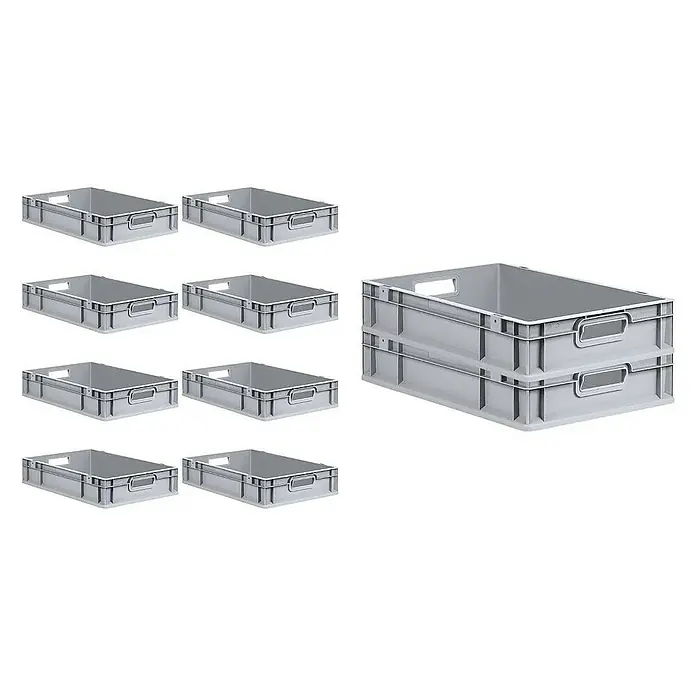 Proregal Euroboxen-Set 10x Eurobox NextGen Grip mit Scharnierdeckel und blauen Verschlüssen - L x B x H: 60 x 40 x 12 cm, Kunststoff, Grau, 10 Stk. - Das Bild zeigt graue Eurobehälter aus Kunststoff, einige einzeln und zwei gestapelt, ideal für Lagerung und Transport.