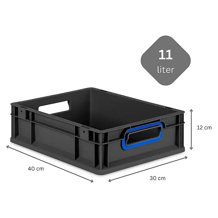 Proregal Euroboxen-Set 16x Eurobox NextGen Color - Kunststoff, Schwarz, Blau, 16 Stk. - Graue 11-Liter-Kunststoffbox mit Griffen und den Maßen 40 cm x 30 cm x 12 cm für Lagerung und Transport.