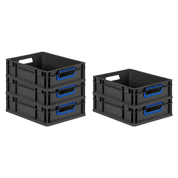 Proregal Euroboxen-Set 16x Eurobox NextGen Color - Kunststoff, Schwarz, Blau, 16 Stk. - Eine Nahaufnahme von zwei Stapeln grauer Kunststoffboxen mit blauen Griffen, die sich ideal für Lagerung und Organisation eignen.
