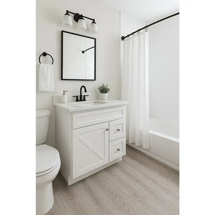 LOGOCLIC Aquaprotect Laminado Roble Mushroom - 1.288 x 195 x 8 mm, Roble Mushroom, AC5, Resistente al agua - Baño luminoso con tocador blanco, grifo negro y espejo. El suelo de madera gris añade calidez y textura al espacio.