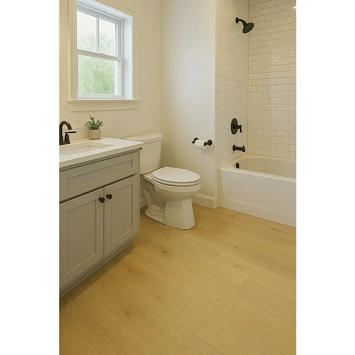 LOGOCLIC Aquaprotect Laminado Roble Cornsilk Ethereal - 1.288 x 195 x 12 mm, Roble Cornsilk Ethereal, AC5, Resistente al agua - Baño luminoso con mueble bajo lavabo, inodoro, bañera con grifería negra y ventana para luz natural.