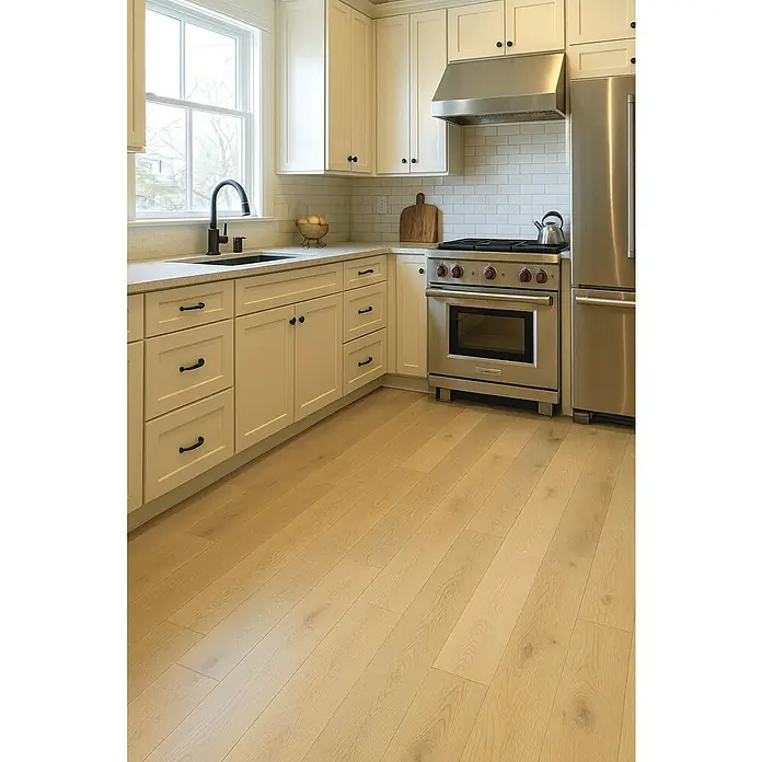 LOGOCLIC Aquaprotect Laminado Roble Cornsilk Ethereal - 1.288 x 195 x 12 mm, Roble Cornsilk Ethereal, AC5, Resistente al agua - Los pisos de madera clara crean un ambiente cálido en una cocina moderna con gabinetes blancos, herrajes negros y electrodomésticos de acero inoxidable.