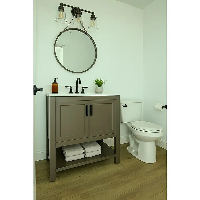 LOGOCLIC Aquaprotect Laminado Roble Mushroom Apollo - 1.288 x 195 x 8 mm, Roble Mushroom Apollo, AC5, Resistente al agua - Tocador de baño en gris marrón con espejo redondo y una lámpara triple. La base del lavabo tiene un estante para toallas.