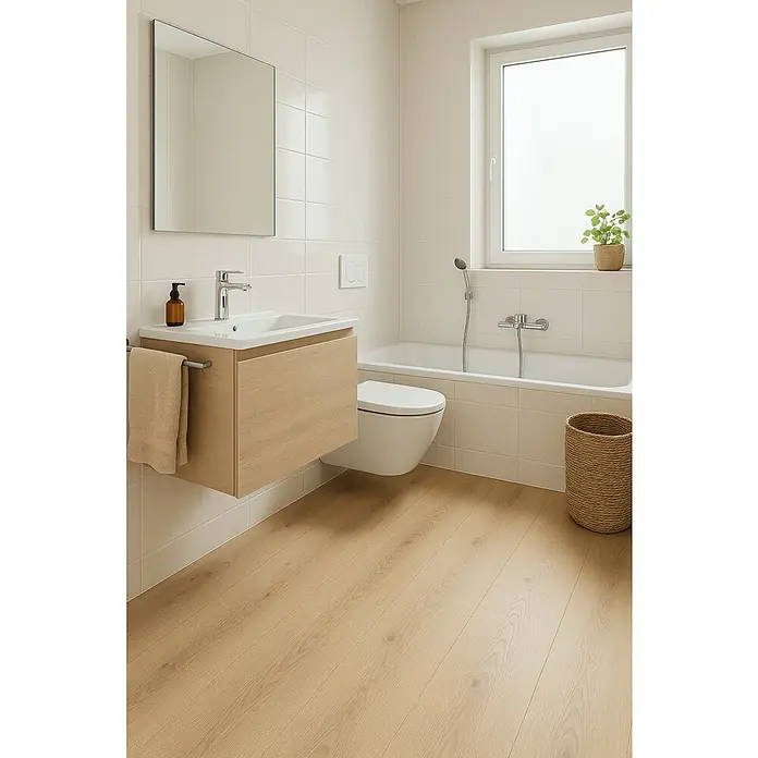 Laminado Gualdal - 1.200 x 191 x 8 mm, Marrón, AC5, Resistente al agua - Cuarto de baño luminoso con suelo de madera, paredes de azulejos blancos, lavabo con mueble de madera, inodoro, bañera y espejo.