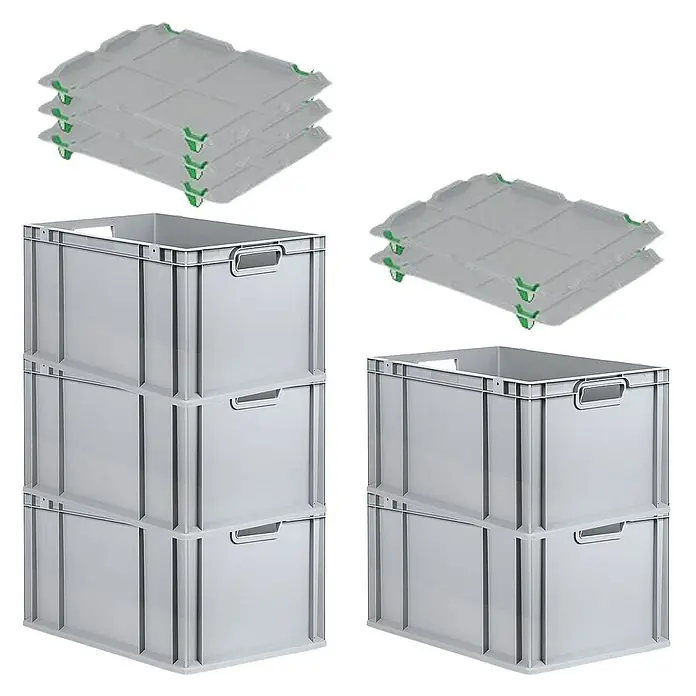 Proregal Euroboxen-Set 5x Eurobox NextGen Grip mit Auflagedeckel inkl. 4 grünen Verschlüssen - L x B x H: 60 x 40 x 32 cm, Kunststoff, Grau, 5 Stk. - Graue Eurobehälter mit Deckeln, gestapelt für Lagerung und Transport. Robustes Kunststoffdesign für Industrie und Gewerbe.