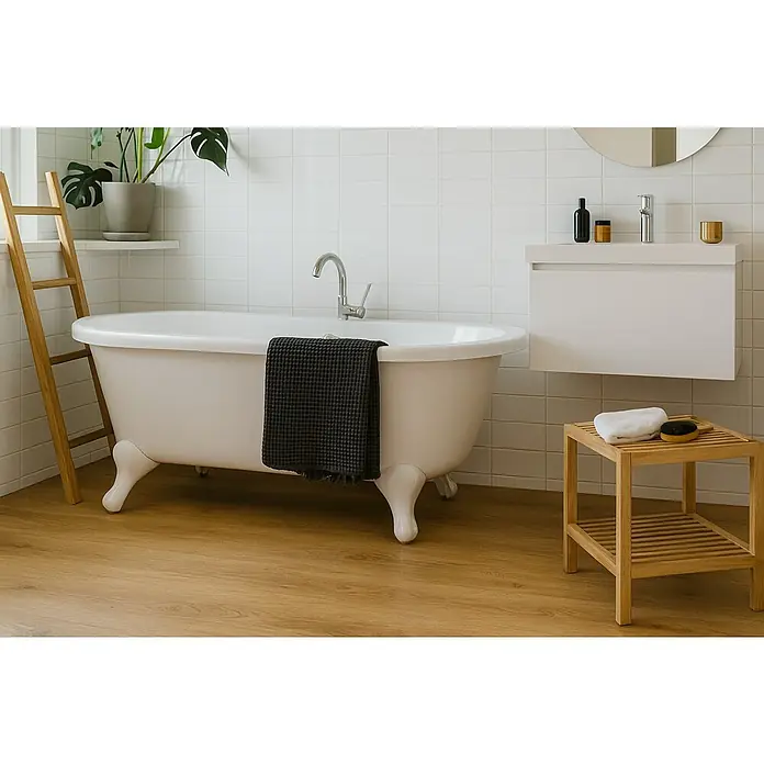 Laminado Hidro Duero - 1.200 x 191 x 8 mm, AC5, Resistente al agua - Baño luminoso con bañera exenta, escalera de madera y lavabo moderno. La decoración es elegante y acogedora.