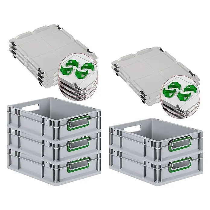 Proregal Euroboxen-Set 5x Eurobox NextGen Color mit Auflagedeckel und Schiebeschnappverschlüsse - L x B x H: 40 x 30 x 12 cm, Kunststoff, Grau, Grün, 5 Stk. - Stapelbare Eurobehälter und Deckel, ideal für Lagerung und Transport. Robuste Bauweise mit praktischen Griffen und grünem Akzent.