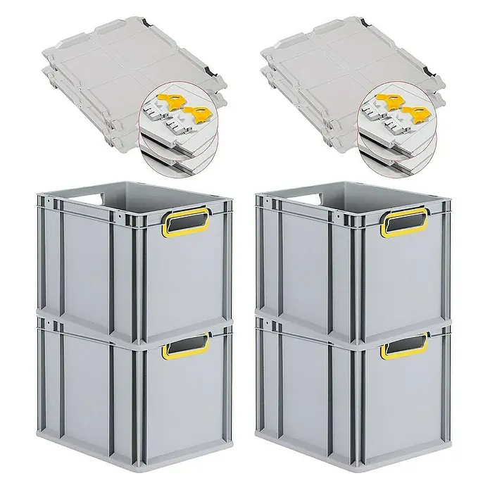 Proregal Euroboxen-Set 4x Eurobox NextGen Color mit Scharnierdeckel und Verschlüssen - Kunststoff, Grau, Gelb, 4 Stk. - Vier graue Eurobehälter mit gelben Griffen und zwei graue Deckel, die für den sicheren Transport und die Lagerung von Gütern ausgelegt sind.