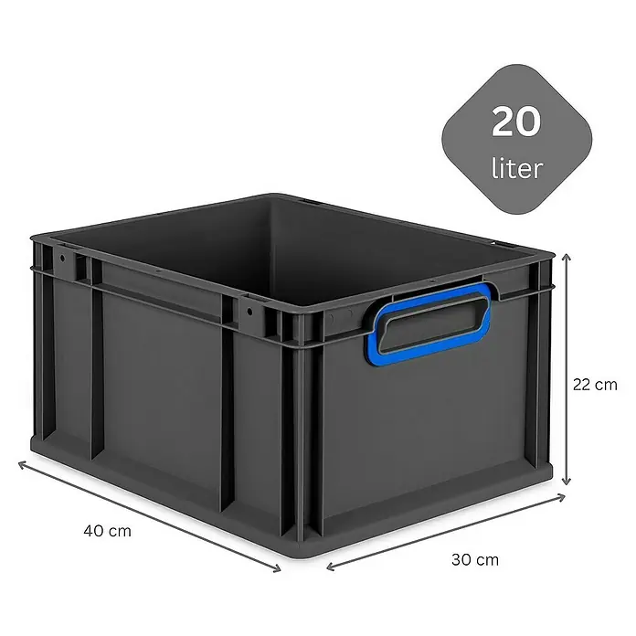 Proregal Euroboxen-Set 10x Eurobox NextGen Color mit Scharnierdeckel und Verschlüssen - L x B x H: 40 x 30 x 22 cm, Kunststoff, Schwarz, Blau, 10 Stk. - Graue Kunststoffbox mit blauem Griff, 20 Liter Fassungsvermögen und den Maßen 40x30x22 cm.