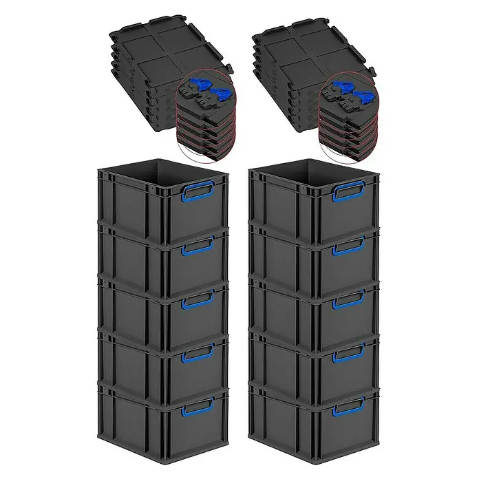Proregal Euroboxen-Set 10x Eurobox NextGen Color mit Scharnierdeckel und Verschlüssen - L x B x H: 40 x 30 x 22 cm, Kunststoff, Schwarz, Blau, 10 Stk. - Stapelbare Kunststoffboxen und Deckel. Robuste Aufbewahrungsbehälter mit blauen Griffen und Deckeln für Ordnung und Organisation.