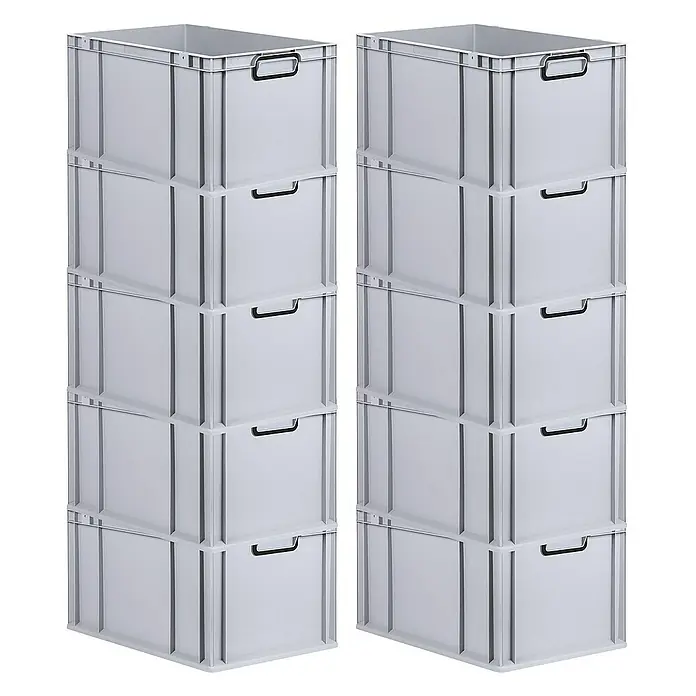 Proregal Euroboxen-Set 10x Eurobox NextGen Color - L x B x H: 60 x 40 x 32 cm, Kunststoff, Grau, Schwarz, 10 Stk. - Zwei Stapel grauer Eurobehälter, die eine praktische und platzsparende Aufbewahrungslösung bieten. Ideal für Lager, Werkstatt oder Hobbyraum.