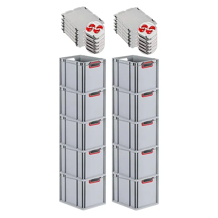Proregal Euroboxen-Set 10x Eurobox NextGen Color mit Auflagedeckel und Schiebeschnappverschlüsse - Kunststoff, Grau, Rot, 10 Stk. - Das Bild zeigt graue Lagerboxen mit roten Griffen und grauen Deckeln, die gestapelt sind. Praktische Aufbewahrungslösung.