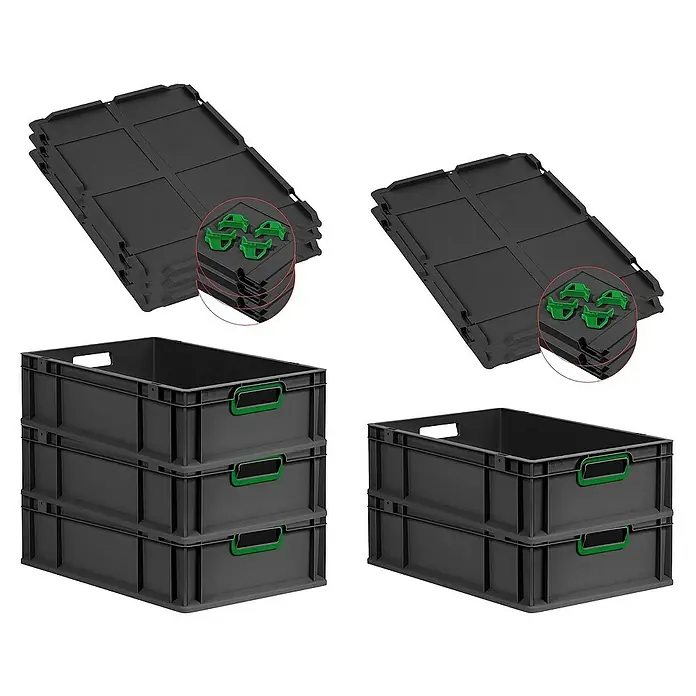 Proregal Euroboxen-Set 5x Eurobox NextGen Color mit Auflagedeckel und Schiebeschnappverschlüsse - L x B x H: 60 x 40 x 17 cm, Kunststoff, Schwarz, Grün, 5 Stk. - Bild von Kunststoff-Faltboxen mit grünen Griffen, gestapelt und zusammengeklappt, ideal für Lagerung und Transport.