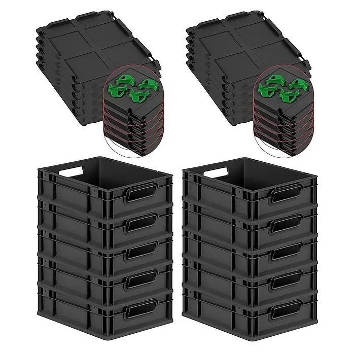 Proregal Euroboxen-Set 10x Eurobox NextGen Grip mit Scharnierdeckel und grünen Verschlüssen - L x B x H: 40 x 30 x 12 cm, Kunststoff, Schwarz, 10 Stk. - Abbildung von zwei Stapeln schwarzen Lagerkisten aus Kunststoff mit Deckeln und Verschlüssen. Praktische und robuste Aufbewahrungslösung.