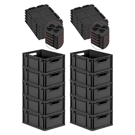 SuperSparSet 10x Eurobox NextGen Grip mit Auflagedeckel inkl. 4 schwarzen Schiebeschnappverschlüssen | HxBxT 17x30x40cm | 16 Liter | Schwarz | Griffe offen | Eurobehälter, Transportbox, Transportbehälter, Stapelbehälter