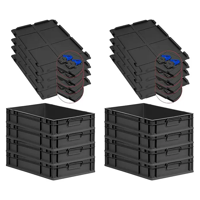 Proregal Euroboxen-Set 8x Eurobox NextGen Grip mit Scharnierdeckel und blauen Verschlüssen - L x B x H: 60 x 40 x 12 cm, Kunststoff, Schwarz, 8 Stk. - Vier gestapelte graue Kunststoffboxen und vier gestapelte graue Deckel mit blauen Clips.