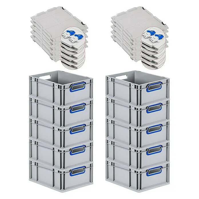Proregal Euroboxen-Set 10x Eurobox NextGen Color mit Scharnierdeckel und Verschlüssen - L x B x H: 40 x 30 x 17 cm, Kunststoff, Grau, Blau, 10 Stk. - Stapel von grauen Kunststoffboxen mit blauen Griffen und grauen Deckeln.