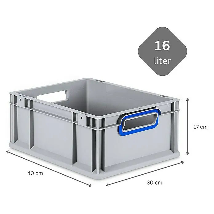 Proregal Euroboxen-Set 10x Eurobox NextGen Color mit Scharnierdeckel und Verschlüssen - L x B x H: 40 x 30 x 17 cm, Kunststoff, Grau, Blau, 10 Stk. - Graue Kunststoffbox mit den Maßen 40x30x17 cm und einem Fassungsvermögen von 16 Litern.