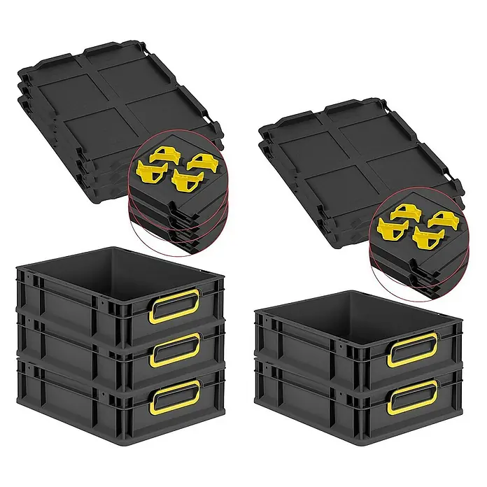 Proregal Euroboxen-Set 5x Eurobox NextGen Color mit Auflagedeckel und Schiebeschnappverschlüsse - L x B x H: 40 x 30 x 12 cm, Kunststoff, Schwarz, Gelb, 5 Stk. - Bild von schwarzen Lagerkisten mit gelben Griffen und Deckeln, die eine robuste und stapelbare Aufbewahrungslösung bieten.