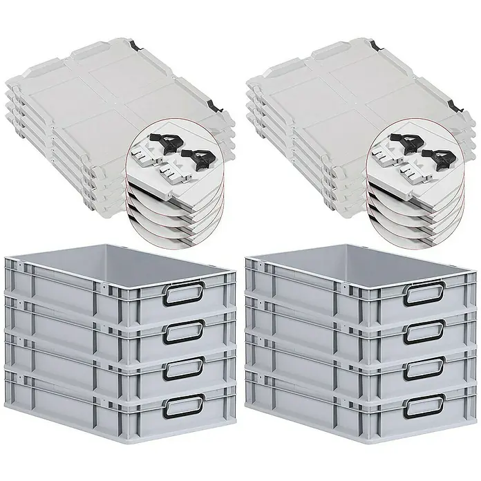 SuperSparSet 8x Eurobox NextGen Color mit Scharnierdeckel und Schiebeschnappverschlüssen | HxBxT 12x40x60cm | 23 Liter | Grau | Griffe schwarz geschlossen | Glatter Boden | Eurobehälter, Transportbox, Transportbehälter, Stapelbehälter -  - Graue Lagerkisten und Deckel. Robuste Aufbewahrungslösung für Lagerung & Transport, ideal für Industrie und Gewerbe.