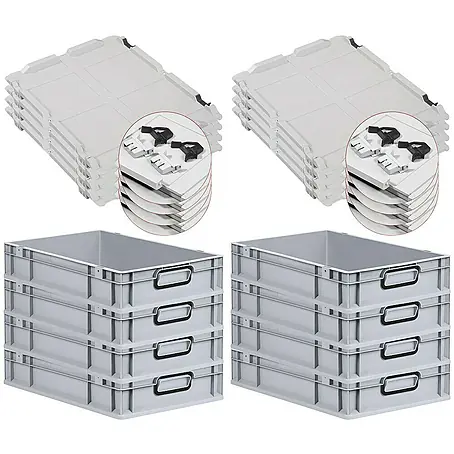 SuperSparSet 8x Eurobox NextGen Color mit Scharnierdeckel und Schiebeschnappverschlüssen | HxBxT 12x40x60cm | 23 Liter | Grau | Griffe schwarz geschlossen | Glatter Boden | Eurobehälter, Transportbox, Transportbehälter, Stapelbehälter