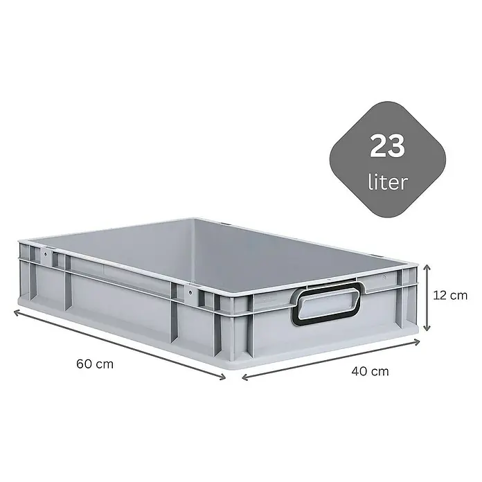 SuperSparSet 8x Eurobox NextGen Color mit Scharnierdeckel und Schiebeschnappverschlüssen | HxBxT 12x40x60cm | 23 Liter | Grau | Griffe schwarz geschlossen | Glatter Boden | Eurobehälter, Transportbox, Transportbehälter, Stapelbehälter -  - Graue Kunststoffbox mit den Maßen 60 x 40 x 12 cm und einem Fassungsvermögen von 23 Litern.
