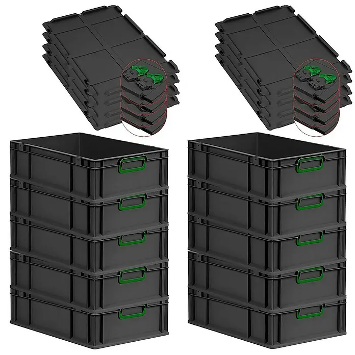 SuperSparSet 10x Eurobox NextGen Color mit Scharnierdeckel und Schiebeschnappverschlüssen | HxBxT 17x40x60cm | 34 Liter | Schwarz | Griffe grün geschlossen | Eurobehälter, Transportbox, Transportbehälter, Stapelbehälter -  - Abbildung von grauen Lagerkisten aus Kunststoff und Deckel, ideal für die Organisation und Lagerung.